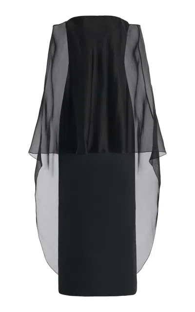 Gabriela Hearst Marisha Dress In Black Textured Linen With Silk Organza Sheer Cape