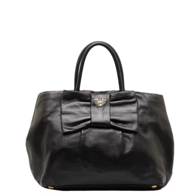 Prada Ribbon Black Leather Tote Bag ()