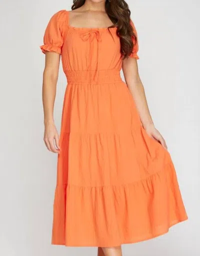 She + Sky Short Puff Sleeve Woven Print Midi Dress In Orange