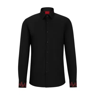 Hugo Slim-fit Shirt In Stretch Cotton With Embroidered Cuffs In Black