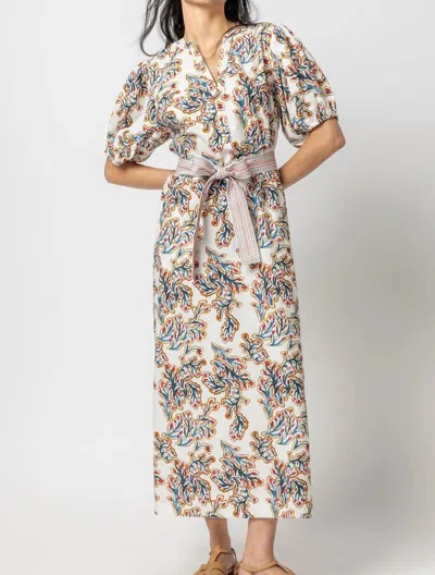Lilla P Split Neck Full Sleeve Maxi Dress In Spring Watercolor In Multi