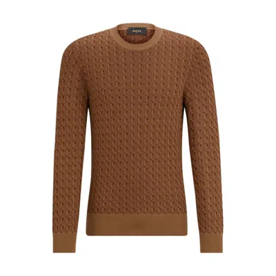Hugo Boss Regular-fit Sweater In Silk With Geometric Structure In Beige