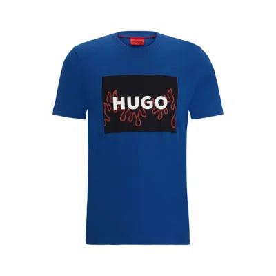 Hugo Cotton-jersey Regular-fit T-shirt With Flame Logo In Blue