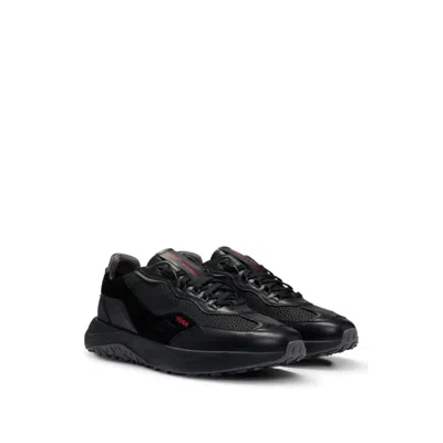 Hugo Mixed-material Trainers With Faux-leather Trims In Black