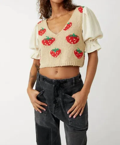 Free People Strawberry Jam Mixed Media Cropped Sweater In Tan In Multi