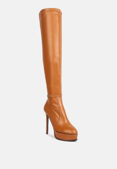 Rag & Co Twinkles Patent Stiletto Heeled Long Boots In Tan In Brown