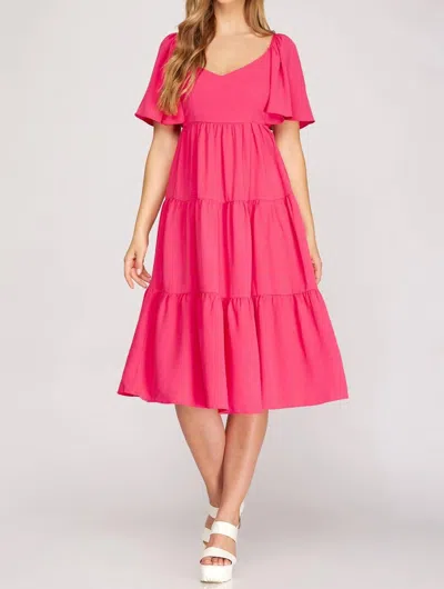 She + Sky Flounce Sleeve Dress In Hot Pink