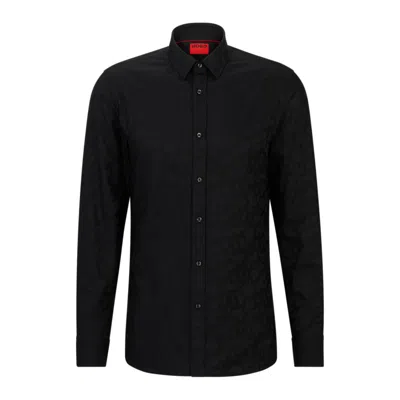 Hugo Extra-slim-fit Cotton Shirt With Jacquard-woven Pattern In Black