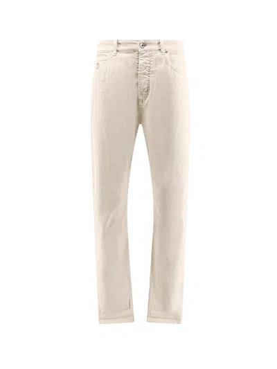 Brunello Cucinelli Cotton Trouser With Embroidered Logo In Neutral