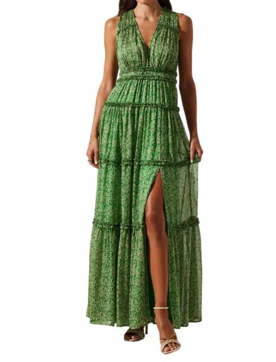 Astr Plunge Tiered Ruffle Maxi Dress In Green Pink Floral In Multi