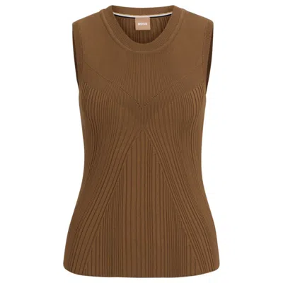 Hugo Boss Sleeveless Knitted Top With Ribbed Structure In Brown
