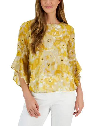 Kasper Petites Womens Floral Print Polyester Blouse In Yellow