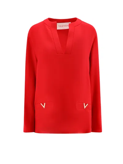 Valentino Silk Shirt With Metal V In Red