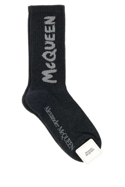 Alexander Mcqueen Man Graphite Stretch Cotton Blend Socks In Gray