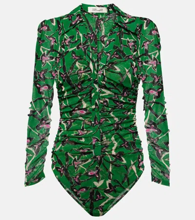 Diane Von Furstenberg Giorgi Printed Mesh Bodysuit In Green