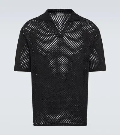 Commas Crochet Cotton-blend Polo Shirt In Black