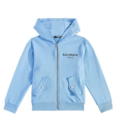 Balmain Kids' Logo Cotton Jersey Hoodie In Blue