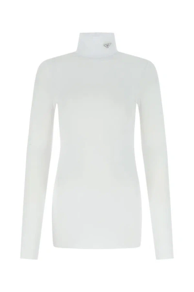 Prada Stretch Nylon Turtleneck Top With Long Sleeves In White