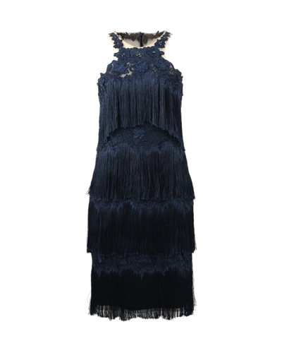 Marchesa Notte Fringe Cocktail Dress In Navy