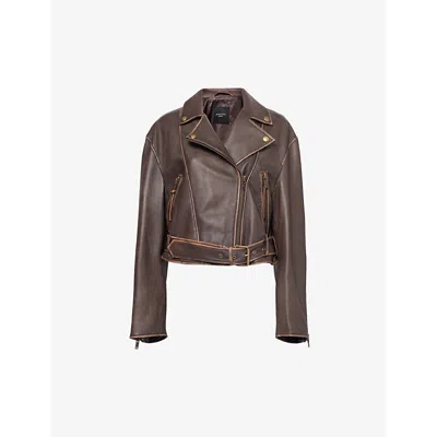 Weekend Max Mara Womens Dark Bown Notch-lapel Cropped Leather Jacket