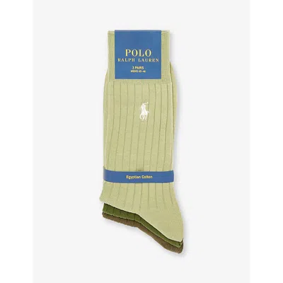 Polo Ralph Lauren Mens 3pk Olive Assorted Log-embroidered Pack Of Three Cotton-blend Socks