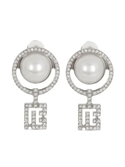 Balmain Pearl Earrings With Art Deco Rhinestones In Grey