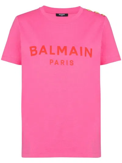 Balmain Logo Print T-shirt Clothing In Pink & Purple