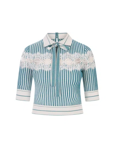 Elie Saab Lace-inset Metallic Pleated Knit Crop Polo Shirt In Blue Gin White