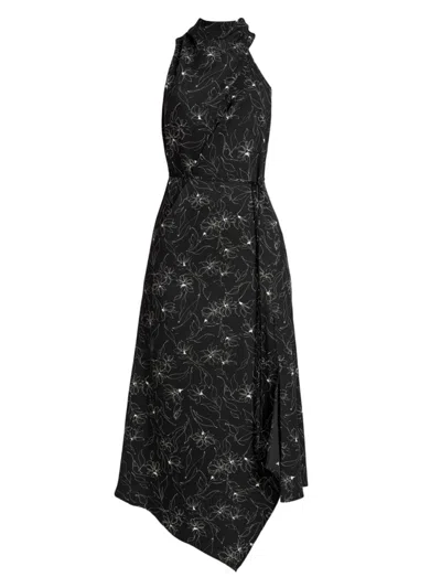 Santorelli Blake Floral-print Mock-neck Midi Dress In Black