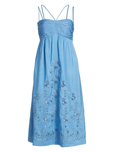 Kobi Halperin Ariella Pleated Floral-embroidered Midi Dress In Skyline