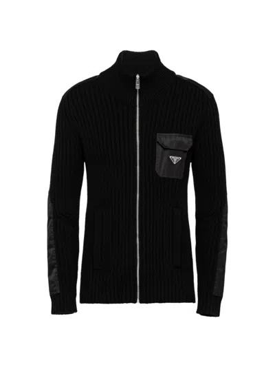 Prada Wool And Cashmere Cardigan With Re-nylon Details In Black