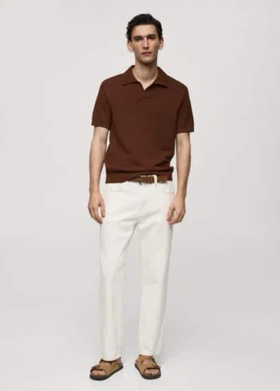 Mango Ribbed Knit Polo Shirt Tobacco Brown In Tabac