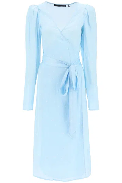 Rotate Birger Christensen Polka Dot Midi Wrap Dress With Pockets In Light Blue