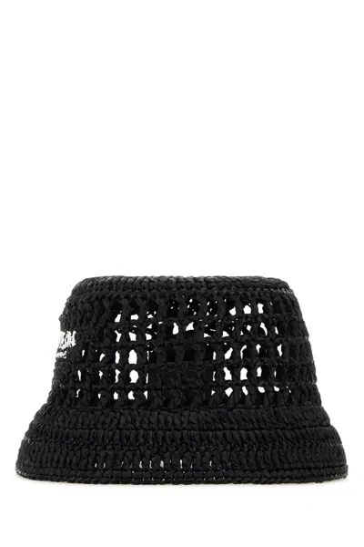 Prada Women's Raffia Bucket Hat In Black