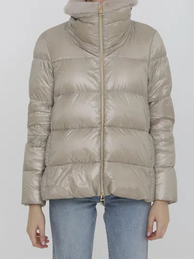 Herno Down Jacket In Nylon And Eco-fur In Beige