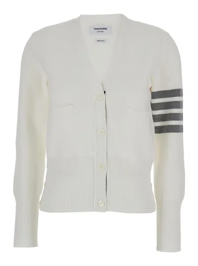 Thom Browne Milano Classic V Neck Cardigan W/ 4 Bar Stripe In Cotton Crepe In White