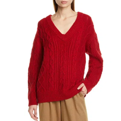 Vince V Neck Cable Knit Sweater In Cherry In Red