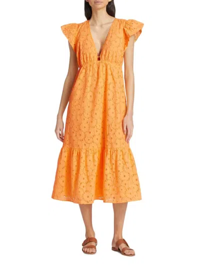 Rails Eyelet Flutter Sleeve Tiered Cotton Midi Dress In Orange