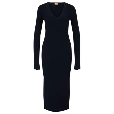 Hugo Boss Long-sleeved Knitted Dress With Ribbed Structure And V Neckline In Dark Blue