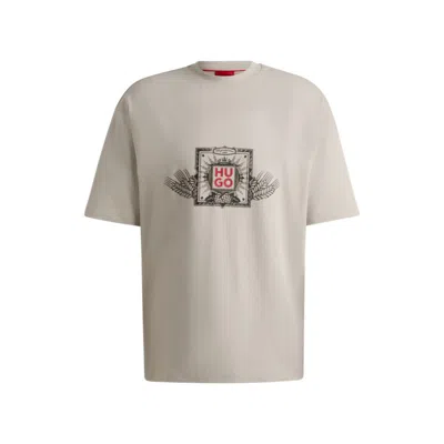 Hugo Cotton-jersey T-shirt With Seasonal Artwork And Embroidery In Light Grey