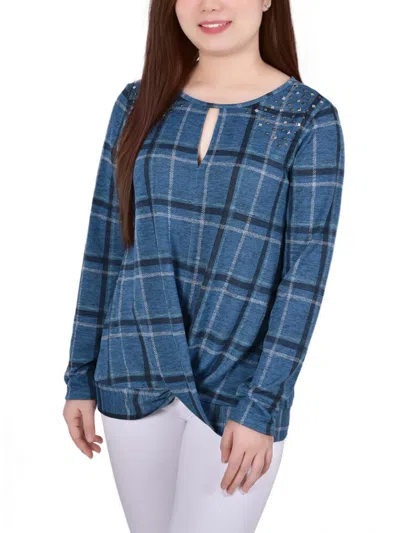 Ny Collection Petites Womens Plaid Pullover Top In Blue