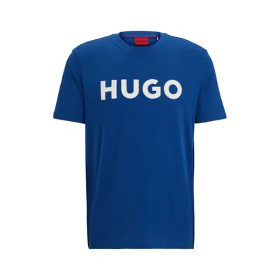 Hugo Cotton-jersey Regular-fit T-shirt With Contrast Logo In Blue