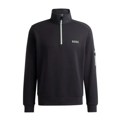 Hugo Boss Zip-neck Sweatshirt With 3d-molded Logo In Dark Grey