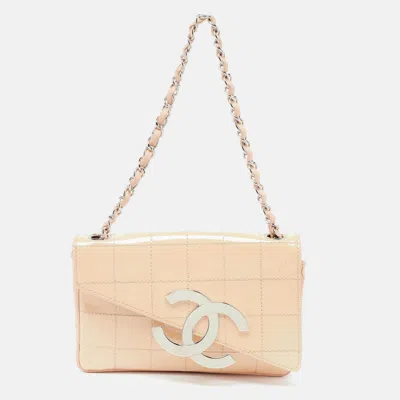 Pre-owned Chanel Peach Square Quilt Patent Leather Diagonal Cc Flap Bag In Orange