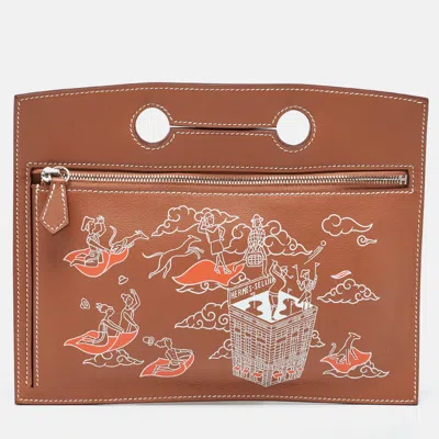 Pre-owned Hermes Gold Swift Leather L'epopee Backpocket Pouch In Brown