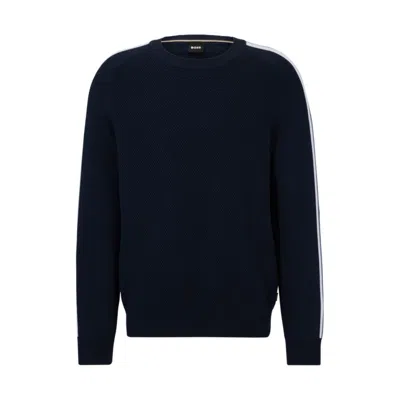 Hugo Boss Cotton Sweater With Color-blocking And Mesh Detail In Dark Blue