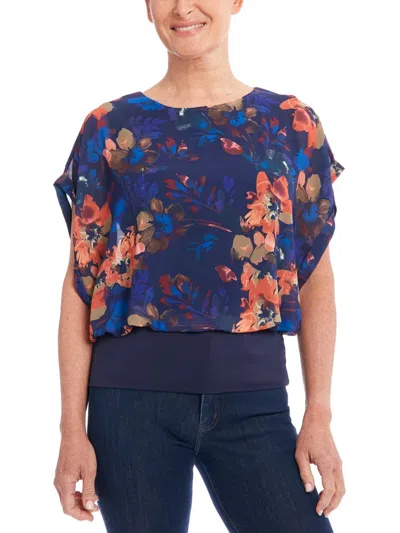 Joseph A Womens Floral Print Polyester Blouse In Blue