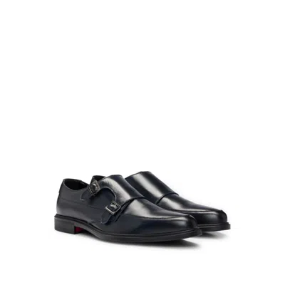 Hugo Double-monk Shoes In Leather With Logo In Dark Blue