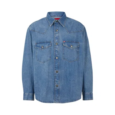 Hugo Oversize-fit Denim Shirt With Flap Chest Pockets In Blue