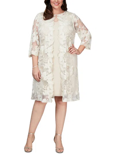 Alex Evenings Plus Womens Layered Embroidered Cocktail And Party Dress In White